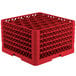A red plastic Vollrath Traex glass rack with 30 hexagon compartments and open top rack extender.