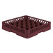A Vollrath burgundy glass rack with 25 compartments.