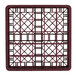 A burgundy Vollrath plastic rack with many rows of holes.