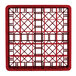 A red plastic Vollrath Traex glass rack with many compartments and a grid pattern.
