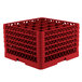 A red Vollrath Traex glass rack with 25 compartments for small items.