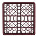 A Vollrath Traex burgundy plastic rack with many rows of glass compartments.