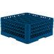 A Vollrath Royal Blue plastic rack with 30 compartments for 7 7/8" glasses.