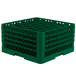A green plastic Vollrath Traex glass rack with 30 compartments.