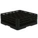 A black plastic Vollrath Traex rack with 30 compartments for glasses.