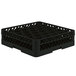 A black plastic Vollrath Traex glass rack with compartments and an open rack extender on top.