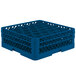A Vollrath royal blue plastic glass rack with 30 compartments.