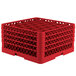 A red plastic Vollrath Traex glass rack with 30 compartments.