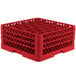 A red plastic Vollrath Traex rack with 30 compartments for small items.