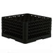 A black plastic Vollrath Traex glass rack with many compartments and holes.