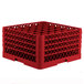 A red plastic Vollrath Traex glass rack with rows of empty compartments.