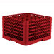 A red plastic Vollrath Traex glass rack with a grid pattern.