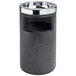 A black Rubbermaid floor ashtray/trash can with a silver metal rim.