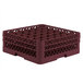A burgundy plastic Vollrath Traex glass rack with compartments.