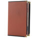 A brown leather Menu Solutions Royal Select menu cover with black trim and gold corners.