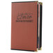 A brown leather-like Menu Solutions booklet cover with a customizable logo on the front.