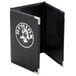 A black leather-like Menu Solutions menu cover with a white logo.