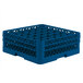 A Vollrath Traex blue plastic glass rack with 36 compartments.
