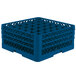 A blue plastic Vollrath Traex glass rack with a grid pattern.