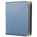A blue leather Menu Solutions Royal Select Series menu cover with gold corners.