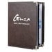 A brown leather-like Menu Solutions Royal Select Series menu cover with white custom text.