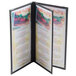 A black Menu Solutions Royal Select Series leather-like menu cover with 4 views of menus.