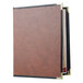 A brown leather Menu Solutions Royal Select booklet cover with black trim and gold corners.