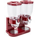 A red Zevro double canister dry food dispenser with clear canisters and lids.