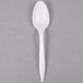 A white plastic Dart teaspoon with a white handle.