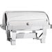 A silver rectangular Vollrath Orion chafer with a lid and stainless steel handle.