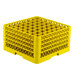 A yellow plastic Vollrath Traex glass rack with many compartments.