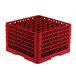A red plastic Vollrath Traex glass rack with many compartments and holes.