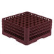 A burgundy Vollrath Traex glass rack with 49 compartments.