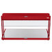 A red metal Hatco buffet warmer with glass shelves.