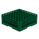 A Vollrath Traex green plastic glass rack with 49 compartments and many holes.