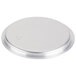 A close-up of a silver circular Vollrath pot / pan cover with a white background.