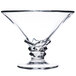 A clear glass Arcoroc dessert dish with a twisty design on the rim and a metal base.