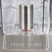 A stainless steel Crathco cold beverage dispenser with four metal cylinders inside clear plastic containers.