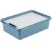 A blue rectangular plastic container with a white lid.