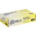 A yellow Noble Products box of small powdered vinyl gloves on a counter.