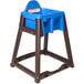 A brown and blue Koala Kare plastic high chair.