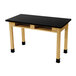 A black table with wooden legs.