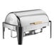 An Acopa stainless steel chafer with gold accents and a roll top lid.