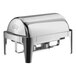 An Acopa Supreme stainless steel roll top chafer with gold accents and legs.