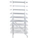 A white metal rack with many metal shelves.