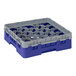 A navy blue plastic Cambro glass rack with 20 small compartments.