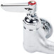 A T&S chrome mop sink faucet with a red nozzle.
