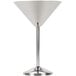 A silver funnel shaped American Metalcraft MART1 stainless steel martini glass with a metal stem.