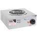 A square stainless steel box with a round electric burner on top and a knob.
