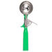 A green and silver Vollrath Jacob's Pride ice cream scoop with a metal handle.
